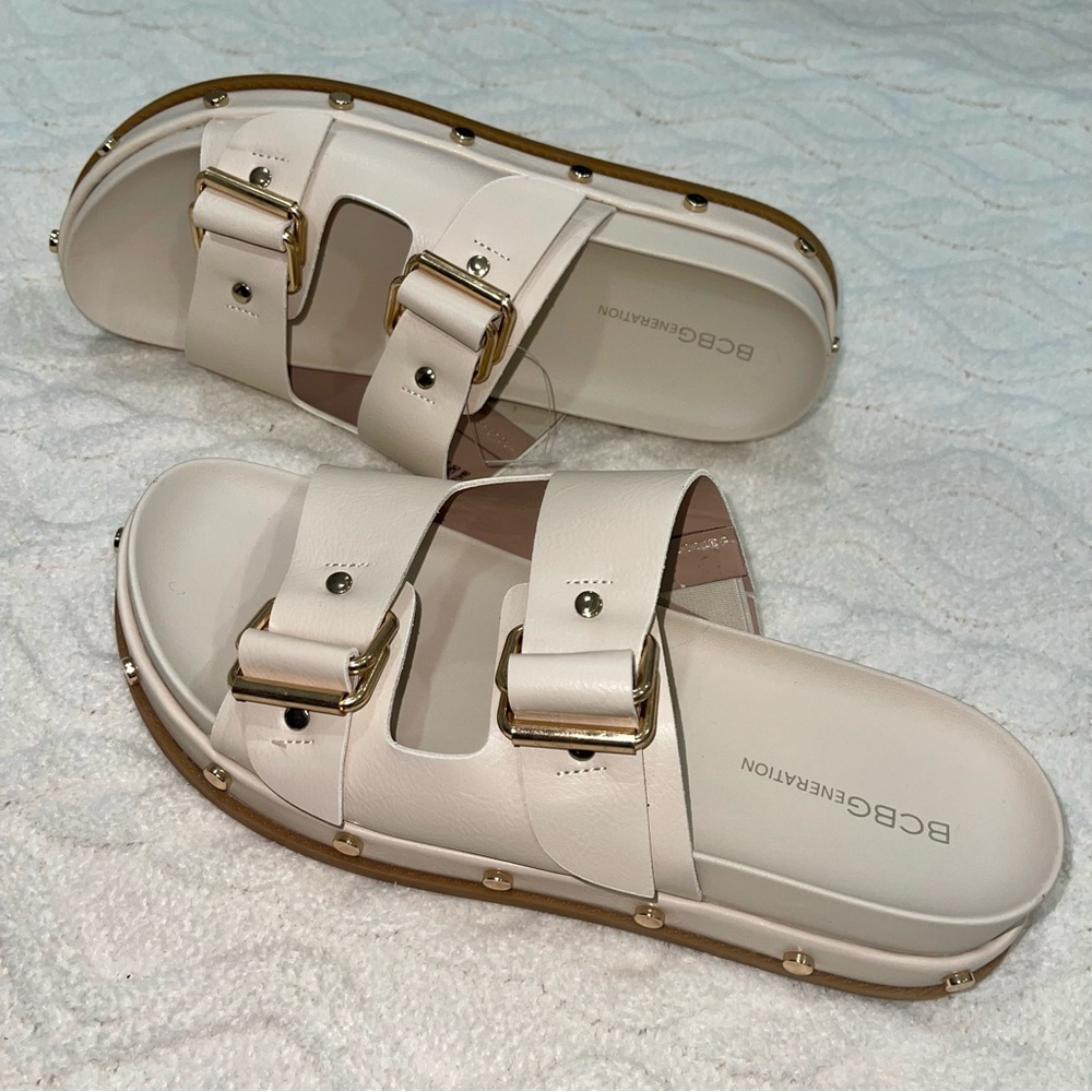 NWOT - BCBGeneration Beige & Gold Sandals